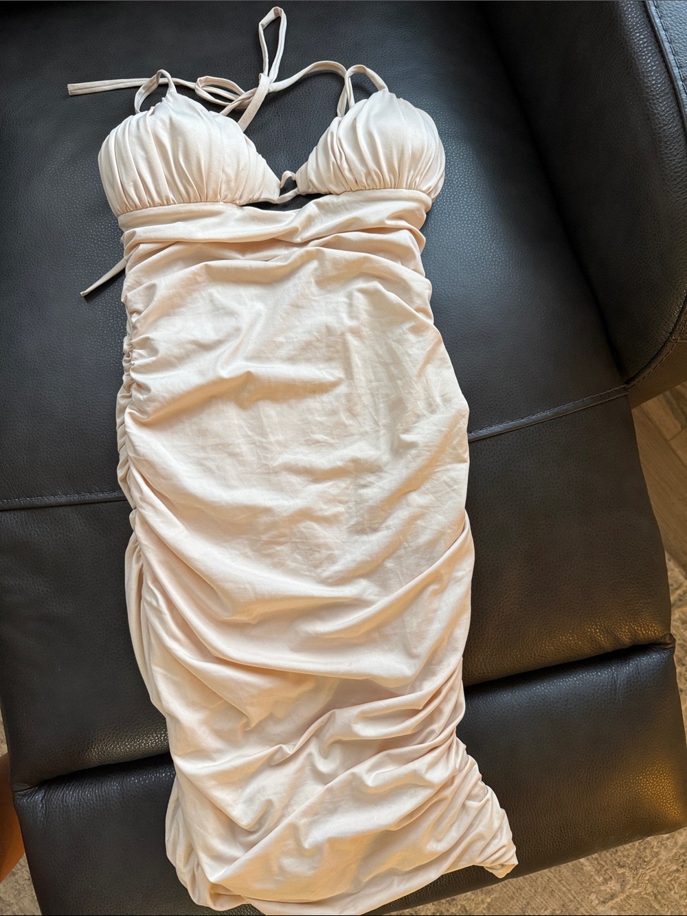 Oh Polly Cream Strapless Ruched Bodycon Dress
